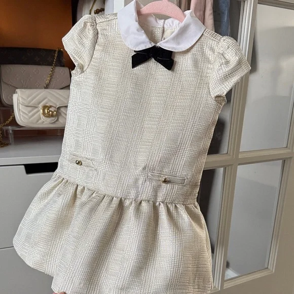 Janie and Jack Cream Dress with Black Velvet Bow - Picture 4 of 6